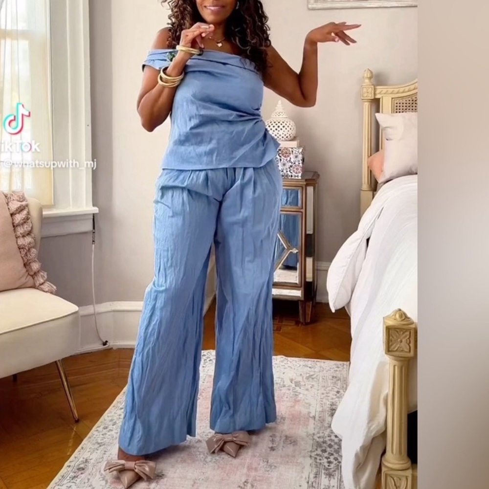 Zara Light Blue One-Shoulder Top and Wide-Leg Pants Set - Picture 6 of 16